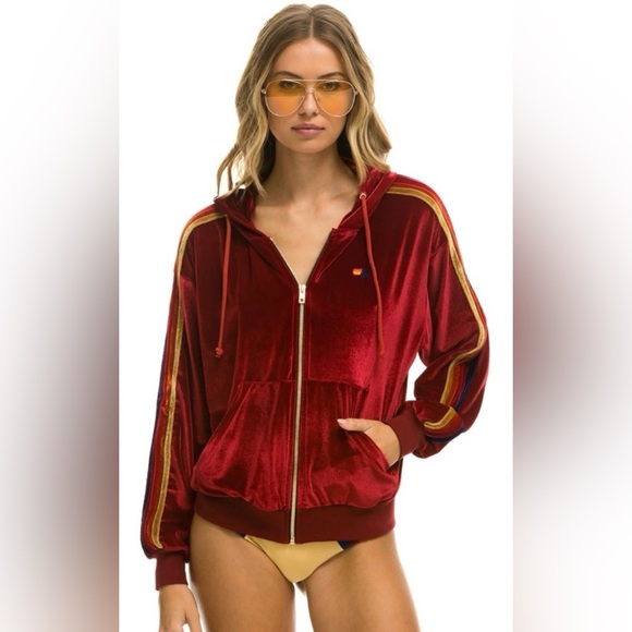 Aviator Nation Velvet Zip-Up Hoodie Red Rainbow Stripe Size S - Relaxed Fit - Picture 8 of 10